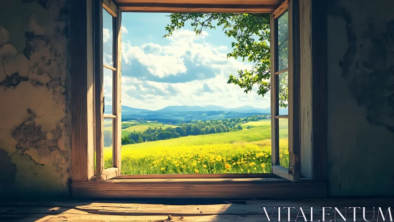 Open wooden window frames distant hills and yellow field
