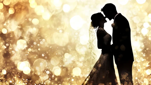 Golden lights surround a loving couple sharing a quiet kiss