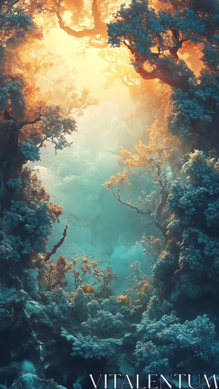 Luminescent forest chasm with ethereal mist and foliage.