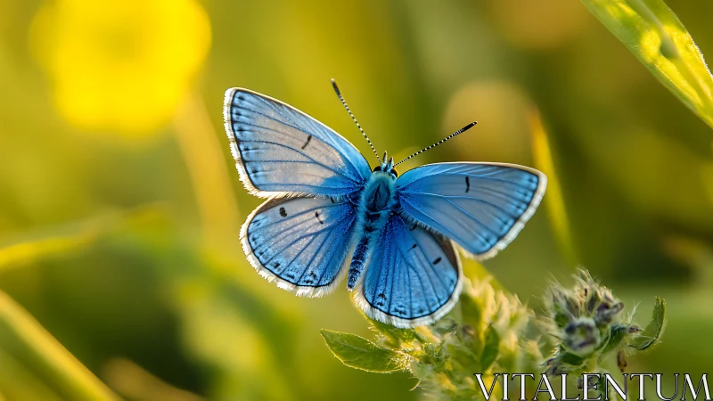 Blue butterfly on green vegetation in soft evening light.