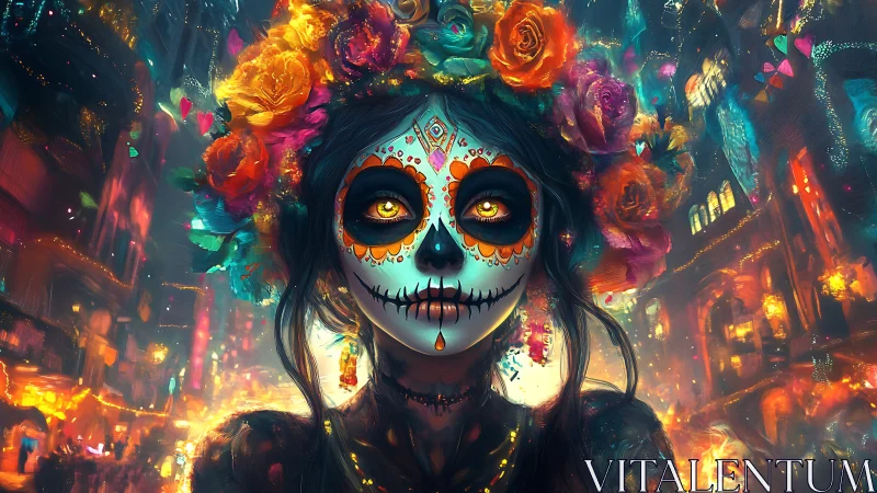 Calavera face portrait with floral crown in city lights.