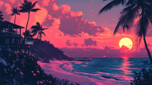 Tropical neon sunset washing the shoreline in soft glow.