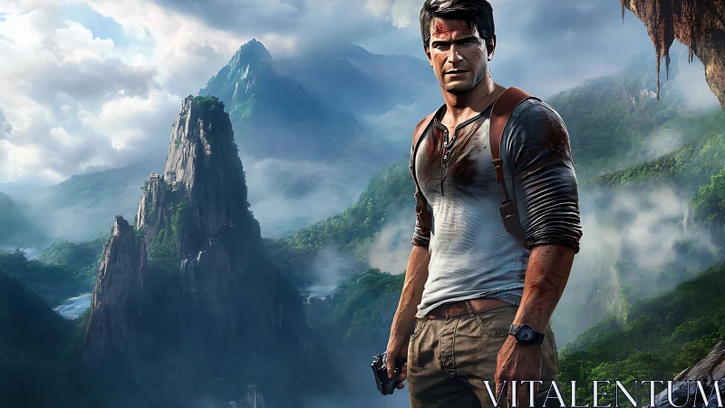 Battle-worn adventurer in misty karst jungle mountain landscape