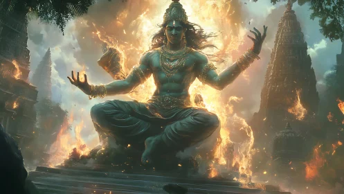 Mythic blue deity levitating amid temple inferno and swirling fire