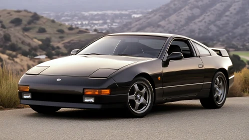 Sleek black sports coupe stands parked on a mountain road.