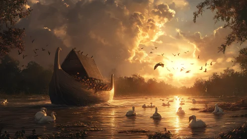 Sunlit drakkar gliding through swan‑filled river estuary.