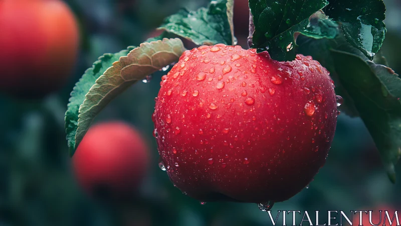 Ripe red apple hangs after rainfall in a lush orchard