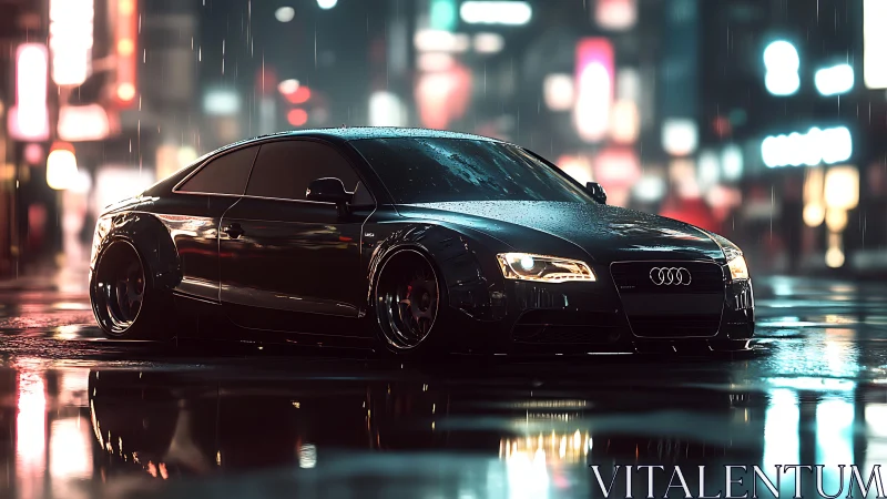 Low-slung black coupe under neon rain with reflective streets.