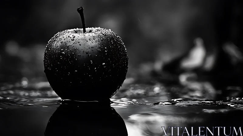Glistening apple in the rain, shining softly in the dark.