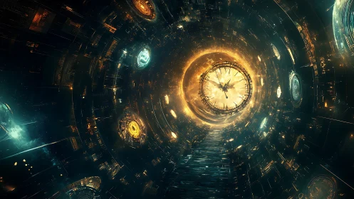 Temporal vortex clock in luminous sci fi tunnel vision.