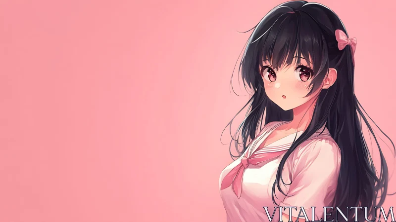 Anime portrait on pastel pink ground, soft cel-shaded rendering.