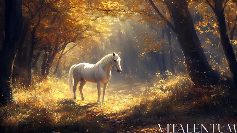 Gentle white horse pauses in a sunlit golden forest glade
