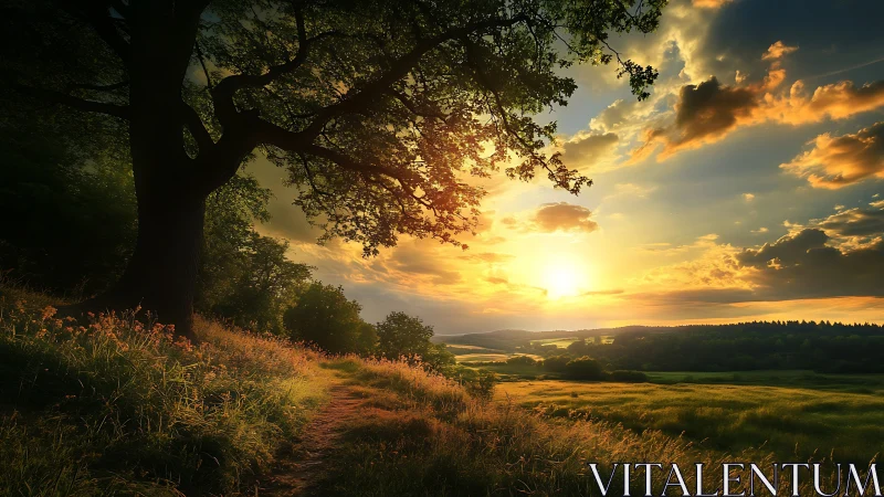 Luminous countryside horizon under arboriform canopy at sunset.