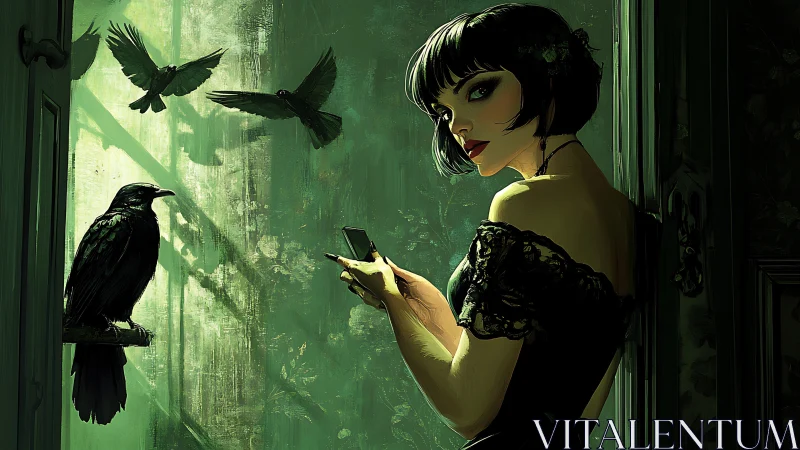 Gothic woman texts beside ravens in emerald backlit room