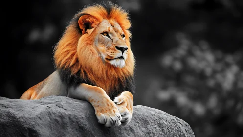 Regal male lion on rock in selective color monochrome portrait.
