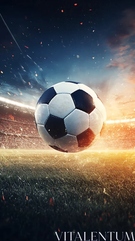 Dramatic soccer ball soars over stadium pitch at sunset