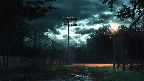 Empty fenced sports court glows under stormy evening rain