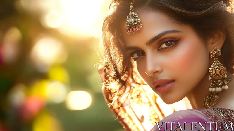 Sunlit portrait of jeweled woman in ornate traditional attire.