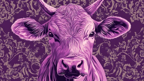 Vibrant magenta cow portrait rendered in detailed vector illustration