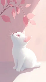 White Kitten Gazing Upward at Pink Foliage.