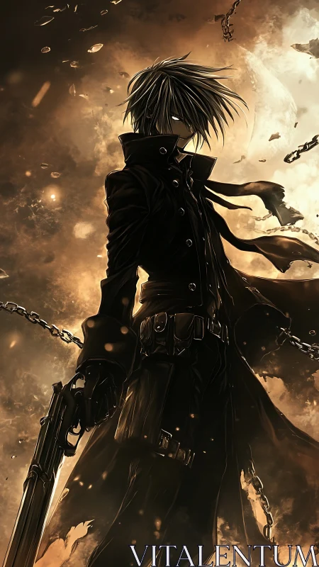 Midnight gunslinger draped in swirling ember-lit shadows.