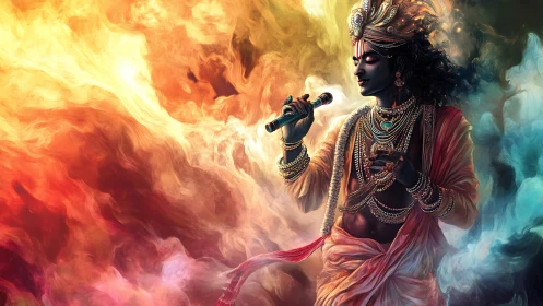 Divine musician figure holds microphone within colored smoke