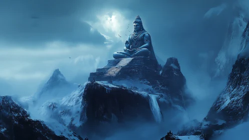 Colossal Shiva statue sits above icy mountains in mist