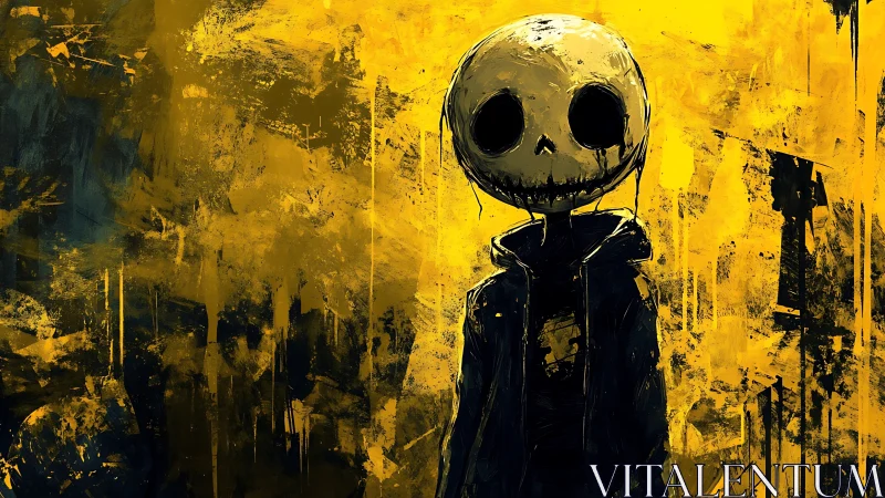 Hooded skull-headed figure stands in gritty yellow void