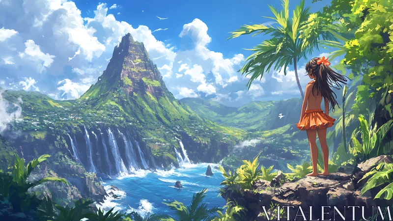 Girl in orange dress overlooks lush tropical waterfall valley