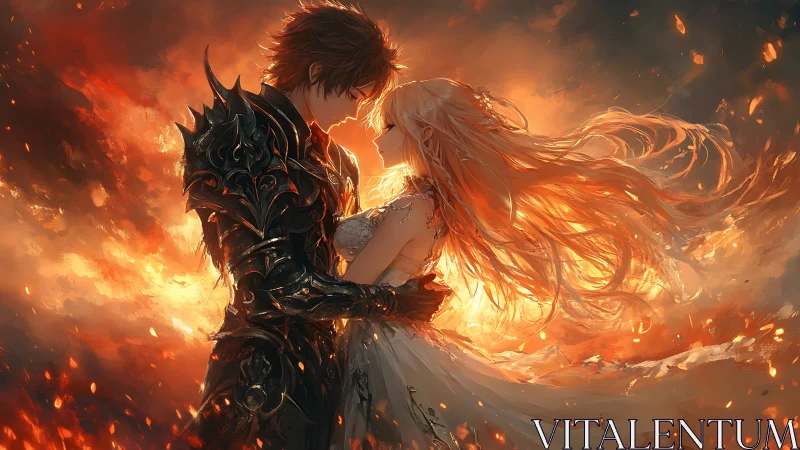 Ember-clad knight embraces starlit bride in molten dusk.