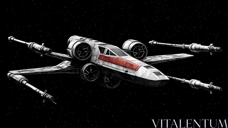 Rendered spacefighter model is shown against a star field
