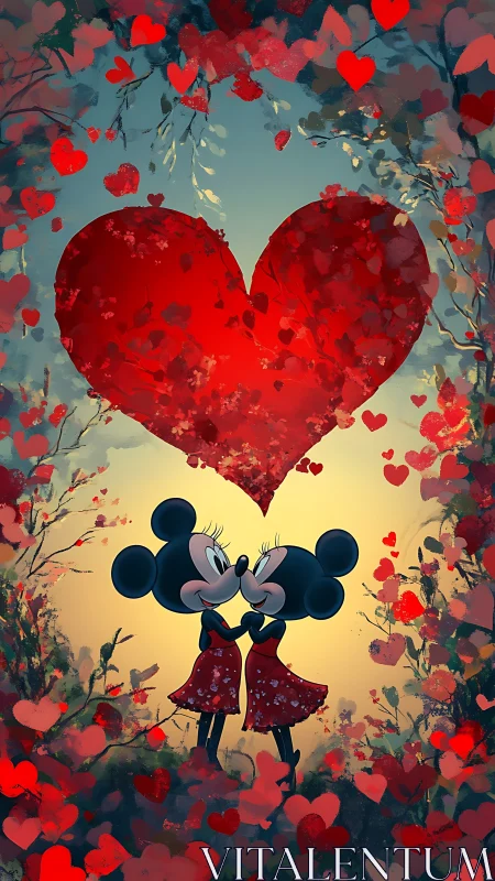 Stylized characters holding large textured heart against floral backdrop