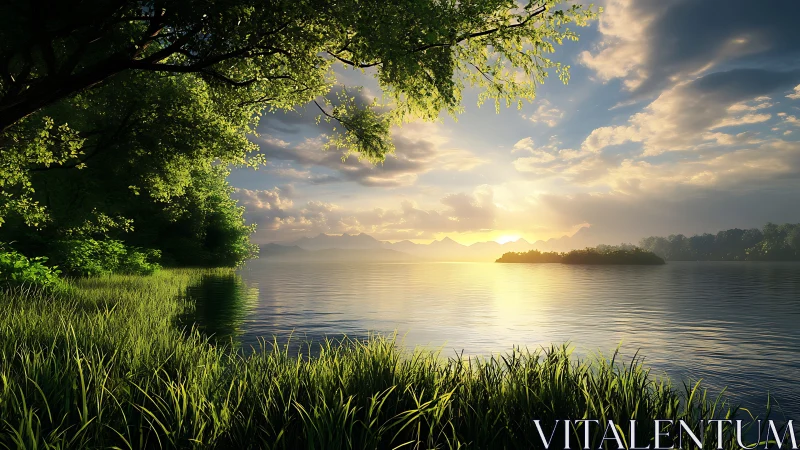 Radiometrically rich lakefront sunrise with volumetric foliage shading.