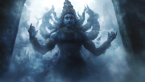 Mythic multi-armed deity rendered in atmospheric digital painting