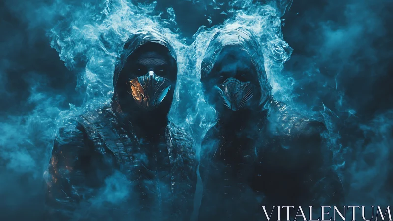 Mysterious masked duo emerges boldly through swirling blue smoke