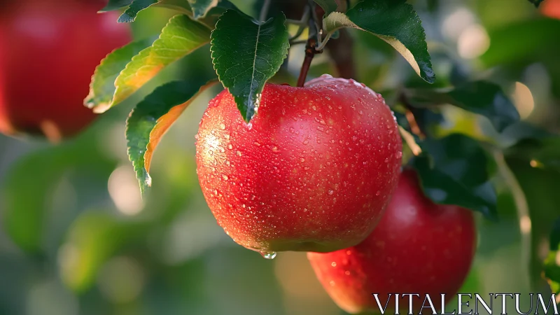 Close-up of red apples on tree branch with foliage present.
