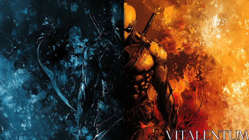 Masked armored figure divided by blue and orange fields.