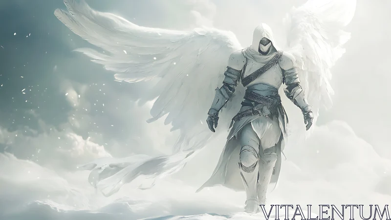 Armored hooded angel descending through luminous cloudscape