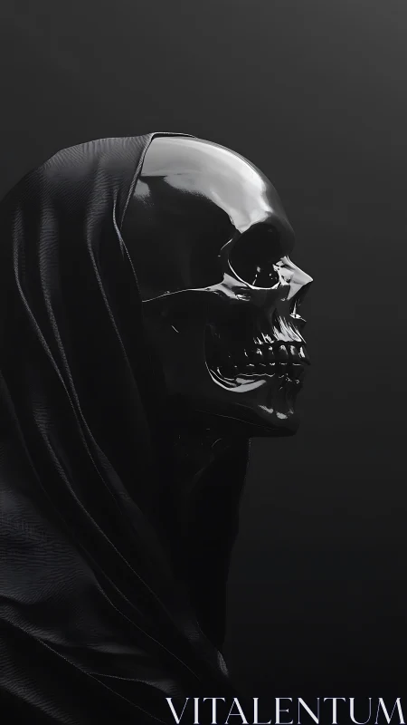 Glossy black skull sculpture emerges from dark shrouded cloak
