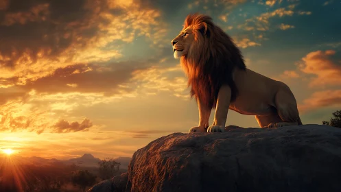 Golden-maned lion greets a glowing savanna sunrise calmly