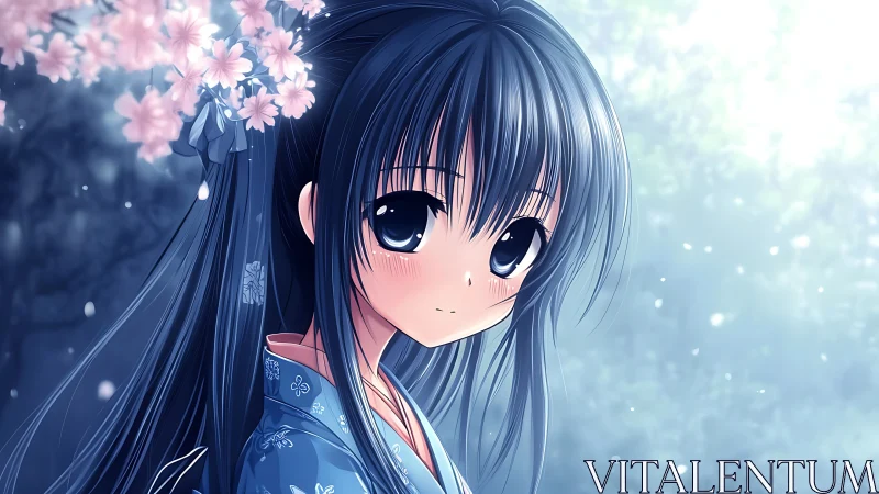 Blue-haired anime girl under soft cherry blossoms at dusk.