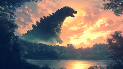 Colossal reptilian kaiju silhouette dominates a cinematic sunset sky