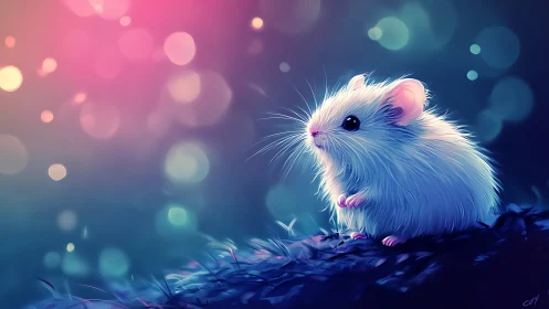 Digital illustration of small rodent on blurred bokeh field.