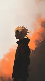 Anime silhouette hero against burning sky backdrop.