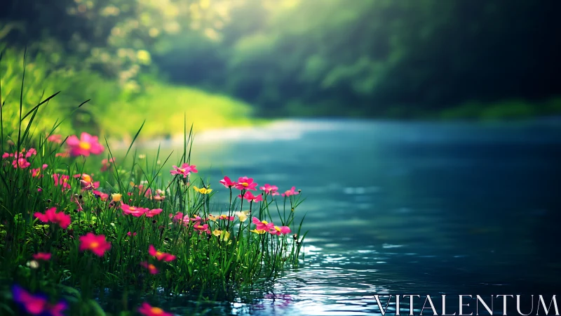 Wildflowers grow beside calm river under soft daylight