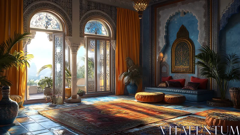 Sunlit Moorish salon renders detailed arches and rich textiles
