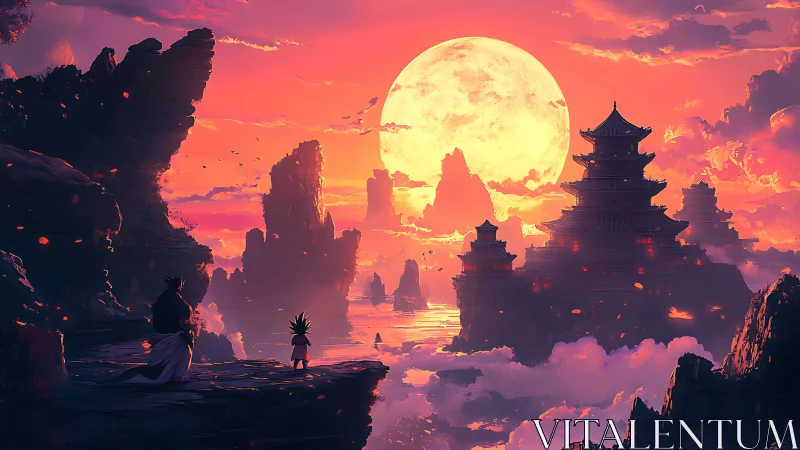 Two figures watch colossal moon over layered mountain temples