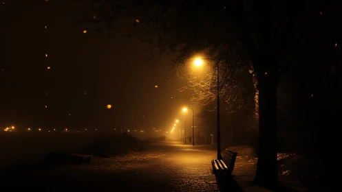 Nocturnal riverside promenade under sodium vapor haze glow.