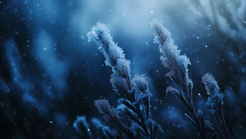 Frost covered grasses in cold blue winter snowfall.