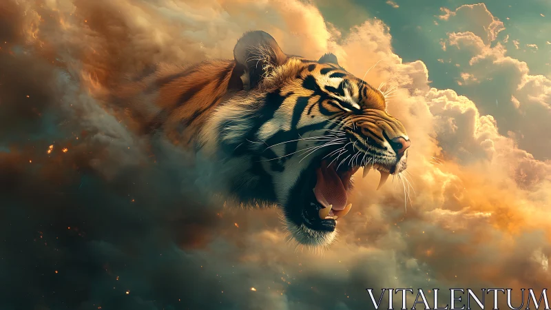Stormborn sky tiger roars through burning cloud kingdoms.